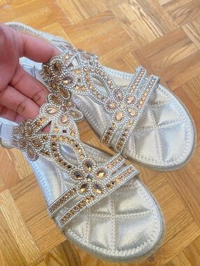 Silver and Gold Women's Sandals - Sparkling Rhinestone T-Strap
